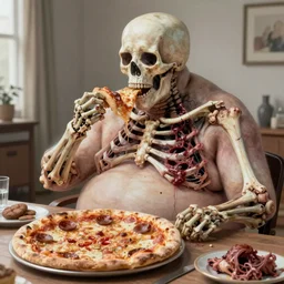 bright realistic anorexic ribs boney obese eating herself to death, pizza, appartment, rotten flesh, diffuse lighting, fantasy, intricate, elegant, highly detailed, lifelike, photorealistic, digital painting, artstation, illustration, concept art, smooth, sharp focus, art by francis bacon