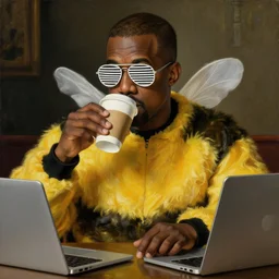 tired kanye west wearing white aviator sunglasses with horizontal bars in place of traditional lenses in a bumblebee costume drinks coffee in front of a laptop, highly detailed, masterpiece, renaissance, oil on canvas