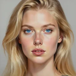 a portrait of a blonde woman with blue eyes, a photorealistic painting by mandy jurgens, trending on artstation, photorealism, detailed painting, behance hd, hyper realism