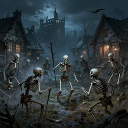 dangerous skeletons attacking a village at night, dnd, dramatic, fantasy art