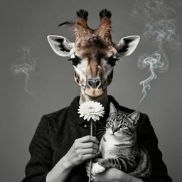 photographic portrait max ernst sad woman giraffe feathers face, holding a flower and a cat, spiraling cigarette smoke, editorial