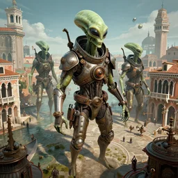 steampunk Venice invaded by aliens in disguise, 3d scene, render, ultra realistic, zenith view, Greg Rutkowski, artstation, cgsociety, unreal engine, ray tracing, detailed illustration, hd, 4k, digital art, overdetailed art, Trending on artstation, deviantart