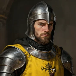 Closeup of frustrated male medieval sergeant with a {short} beard wearing a black!!!! and yellow tabard over a steel breastplate and a black gambeson (((((((helm)))))), intricate, dramatic lighting, illustration by Greg Rutkowski, ArtStation, digital art, fantasy