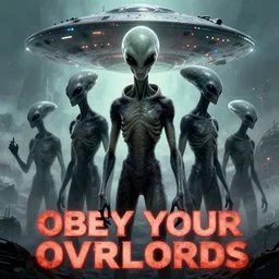 alien propaganda poster, obey your overlords, subjugation of humans, grey aliens, overlords, ufo, digital art, trending on artstation, 4 k, masterpiece