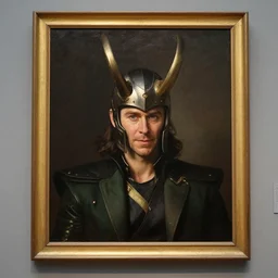chris hemsworth as loki wearing the horned helmet, museum painting by rembrandt