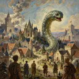 epic painting by Greg Rutkowski of a giant worm destroying a medieval village, high quality, 4k, masterpiece