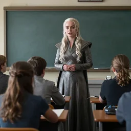 Daenerys Targaryen from game of thrones as a teacher in school in the middle of a class.