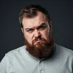🤨 🤨 🤨 a posh bearded man with a very skeptical and sarcastic expression, one raised eyebrow, head tilted downward, frustrated, professional photography, studio lighting, dark background