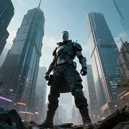 photo realistic cyberpunk warrior in front of a city with big sky scrapers