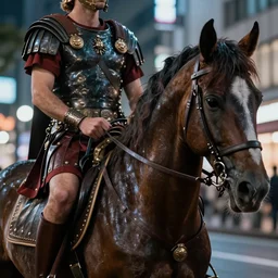 close up macro shot of a roman general riding a horse on wet tokyo street at night, intricate, hyper detailed, smooth, dramatic lighting, cinematic