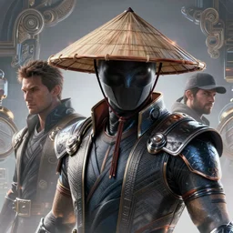 highly detailed hybrid of raiden from mortal kombat, and raiden from metal gear solid wearing an asian conical hat. vfx portrait, stephen bliss, unreal engine, greg rutkowski, alphonse mucha, beeple global illumination, translucent, sub - surface scattering, detailed and intricate environment
