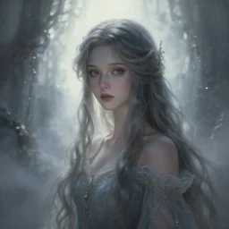 a highly detailed portrait of a princess with long hairs, a view to an eerie fantasy world, ethereal back light, mist, coherent composition, detailed fantasy painting by artgerm, noriyoshi ohrai, yuumei