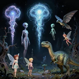 extraterrestrial sprites, fairies, and dinosaurs. pulp science fiction. whimsical fantasy art. dark background