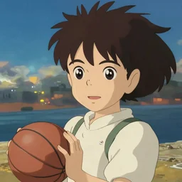 ghibli anime headshot portrait of young girl playing basketball on beach