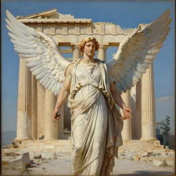 the Parthenon with attached wings, flapping, oil on canvas, portrait, intricate, 8k highly professionally detailed, HDR, CGsociety