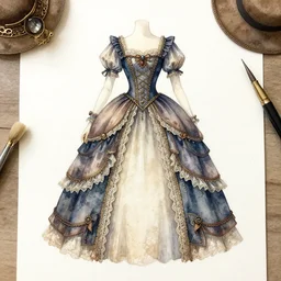 steampunk princess dress design, watercolor