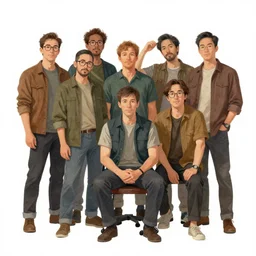 a detailed illustration of a small group of men posing for a portrait, by jamie hewlett and timothy kong, trending on artstation