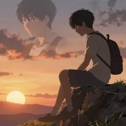 isekai masterpiece anime boy sitting on a rock off to the side looking down upon umi, during dawn, cinematic, very warm colors, intense shadows, anime illustration, anime screenshot composite background