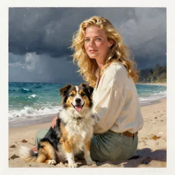 blond woman with a dog sitting by the beach, by brian kesinger and james gurney, artstation