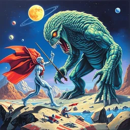 1 9 7 9 retro box art nes. commodore 6 4. space hero vs monster. artgerm. coherent. keith parkinson. oil on canvas