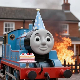 portrait photo still of thomas the tank engine holding a small cake, wearing a birthday hat, in front of a house on fire, 8 k, 8 5 mm f 1. 8
