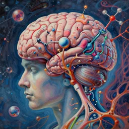 a psychedelic ultrealistic virant painting with almost symbolic and chemical details of the living brain of the american neurologist expert in robotics and neurophysics who was born in kansas city, missouri on february 1 9, 1 9 1 0, surreal conceptual neural work art, cinematic octane render dystopian and utopic art at the same time