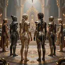 love, diverse cybersuits, from behind, rebirth rituals, side by side, wide angle, elaborate, highly detailed, beautiful lighting
