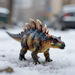 action photography, long shot, award winning macro photo of an ultra detailed intricate tiny stegosaurus standing in a snowy street, fast shutter speed, motion blur, tiny gaussian blur, highly detailed, highly intricate, depth of field, national geographic