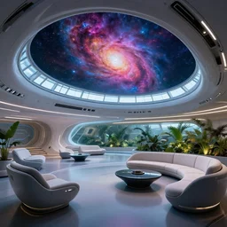 ultra modern concept design of a vast spaceship interior, futuristic chairs and sofas can be seen in the foreground, a large colorful nebula can be seen from a window, large plants in the background, in the style of Moebius, wide angle shot