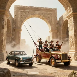 Mad Max reimagined in the baroque era, catapult, chained cars, orchestral band on vehicle, hearthstone art style, epic fantasy style art by Craig Mullins, fantasy epic digital art, epic fantasy card game art by Greg Rutkowski