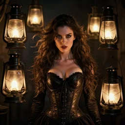 hyperrealistic portrait of a woman among noir lanterns wearing a corset, fantasy art, photo realistic, dynamic lighting, artstation, volumetric lighting, very detailed face, 4 k, award winning, art by artgerm and greg rutkowski and alphonse mucha