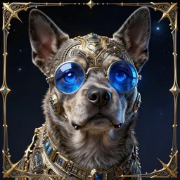 a beautiful portrait of a cute cyberpunk dog with blue tinted view of space in the background by greg rutkowski and wlop, digital art, highly detailed, fine detail, intricate, ornate, complex