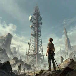 WISP owner looking up at giant tower, getting ready to climb and replace radio. Post apocalypitic landscape, dystopia. james gurney, james jean, greg rutkowski, anato finnstark. hyper detailed, 35mm