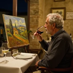 A quiet night at a Tuscan restaurant with an old man sitting, drinking wine, oil painting