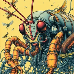 risograph grainy drawing vintage sci - fi, satoshi kon color palette, gigantic fat mantis full - body covered with robot parts and wires, with lot tentacles, insects and dragonflies around, painting by moebius and satoshi kon and dirk dzimirsky close - up portrait