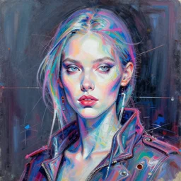 female cyberpunk portrait by cy Twombly and BASTIEN LECOUFFE DEHARME, iridescent