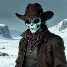 old cowboy in the arctic whose face is melting to reveal an alien underneath, art by junji ito