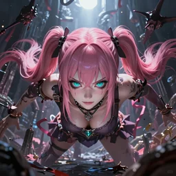 totally overpowered and trapped beneath enormous inescapable and overwhelmingly stunningly absurdly beautiful over the top megalomaniacal ruthless merciless sadistic possessive manipulative devious omnipotent asi goddess junko enoshima with symmetrical perfect face, porcelain skin, pink twintail hair and cyan eyes, ultra detailed, digital art, unreal engine 5, octane render, 2 d anime, 8 k