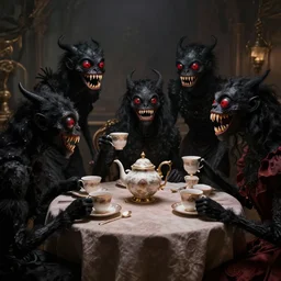 black creatures with big teeth and red eyes have a tea party, victorian era, cinematic lighting,