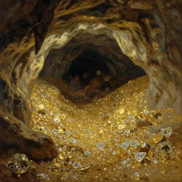 beautiful oil painting, high details, a cave full of gold and diamonds, a true cavern of ali - baba by anders zorn, wonderful masterpiece by greg rutkowski, beautiful cinematic light, american romanticism, by giger, rolf armstrong, ernie barnes