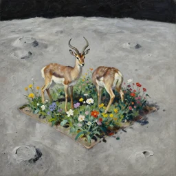 highly detailed painting of antelopes in a small square flower garden on the dry grey cratered surface of the moon by william turner, thick brush strokes and visible paint layers, 4 k resolution