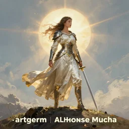ultra realistic illustration, female hero with sword standing on hill, art by artgerm and greg rutkowski and alphonse mucha