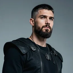 bust portrait of handsome proud man with short black hair with a touch of grey hair, viking very short full beard warrior, cyberpunk, fashion editorial photography, waist up, low angle