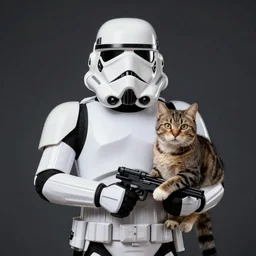a stormtrooper holding a big cat, star wars