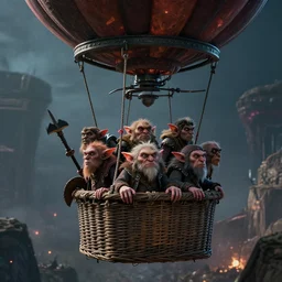 A Beautiful digital artwork of the A bunch of goblins in the basket of a travel balloon, war and battle, dark fantasy, in style by Dan Mumford, Cyril Rolando and M.W Kaluta, 8k resolution, Ultrafine details, Rendered in Unreal Engine 5, Cinematic Composition, Reimagined by industrial light and magic, smooth,4k, beautiful lighting, HDR, IMAX, Cinema 4D, shadow depth