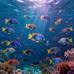 lots of colorful tropical fish in galactic waters, fantasy art, super detailed, light reflections, realistic water, trending on artstation, hdr