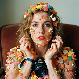 closeup portrait of a woman covered in candy and sweets, sitting in a chair, by Annie Leibovitz and Steve McCurry, natural light, detailed face, CANON Eos C300, ƒ1.8, 35mm, 8K, medium-format print