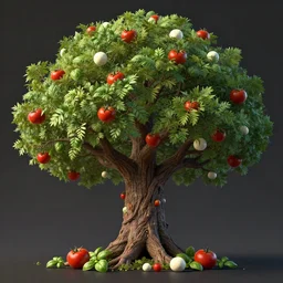 highly detailed 3 d render of a mythical tree with sparse leaves of tomatoes and mozzarella balls and basil leaves, hyper realistic octane render, cinematic lighting, deviantart, lowbrow, surrealism, pixar still