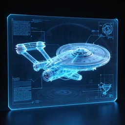 a 3d hologram of an engineering schematic of the Star Ship Enterprise
