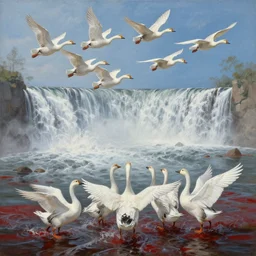 a gorgeous painting by barlowe wayne maxfield parrish and marco mazzoni. sapa in china. formation of flying swan goose. grey blue. ultra clear detailed. 3 d, octane render. waterfall. turbulent blood lake. 8 k